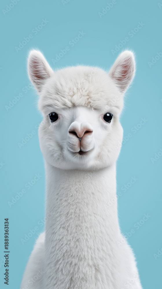 Fototapeta premium Portrait of a white alpaca standing against a clear blue sky, showcasing its soft fur and calm, curious expression. 