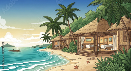 Tropical beach huts with palm trees sandy shore and calm ocean waves at sunset ideal for relaxation and vacation getaway concepts