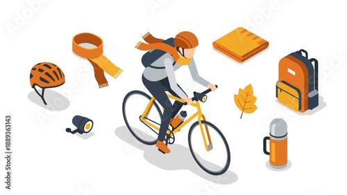 Autumn cycling essentials in isometric style: gear and accessories for a fall bike ride