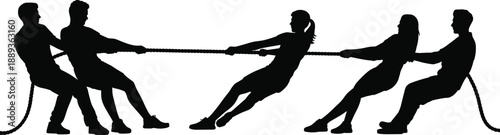 Silhouette of people playing tug of war, symbolizing teamwork, competition, strength, balance, cooperation, and group effort concept in dynamic challenge