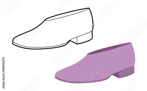 Purple flat shoe boot women color plus line set. Minimal low heel boot for fashion guide chart and branding project. Technical fashion illustration CAD mockup vector man unisex isolated stylish style.