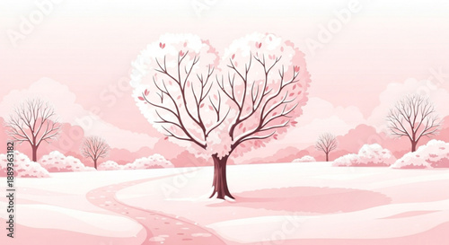 Pink winter landscape with a bare tree in heart shape snow covered ground and serene atmosphere in pastel colors