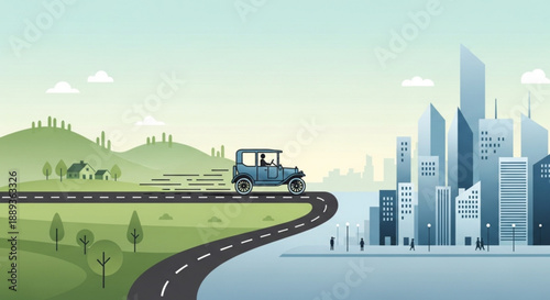 Blue truck drives on winding road from green countryside to modern cityscape with tall buildings