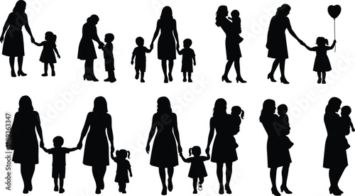 Silhouettes of mothers with children showing family life, parenting, love, care, bonding, motherhood, and everyday moments together
