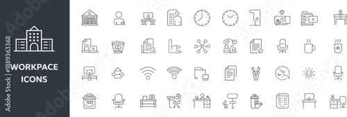 Workspace line icon set representing office environment, business operations, remote work, productivity tools, organization, furniture, and modern workplace concepts