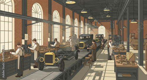 Vintage car factory interior with workers assembling classic automobiles on production line in industrial setting