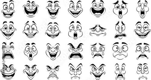 Collection of cartoon faces with various happy and sad expressions