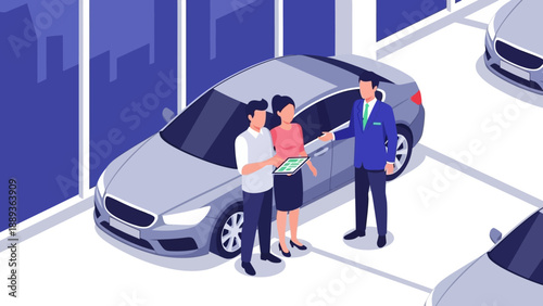 Car dealership consultation in modern showroom with salesperson and customers