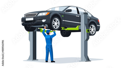Mechanic inspecting car on hydraulic lift in auto repair shop