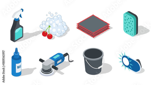 Isometric car cleaning supplies collection: spray bottle, polisher, sponge, foam, towels, wax