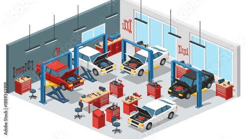 Isometric auto repair workshop with vehicles on lifts and tools