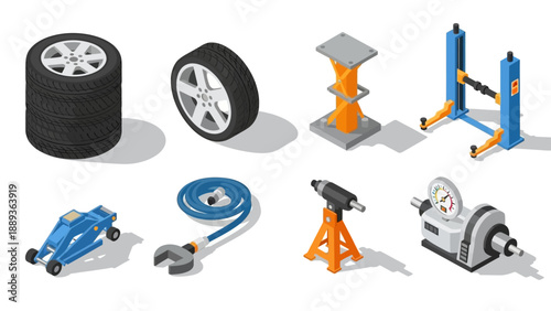 Isometric car repair tools set: wheels, jack, lift, hydraulic hose, wrench, gauge