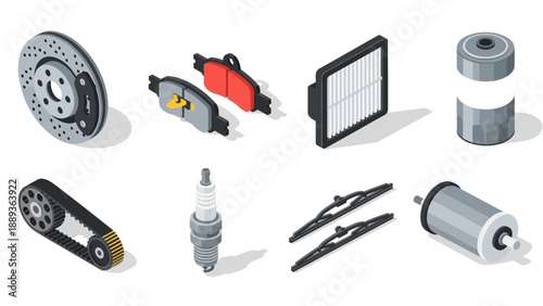 Isometric automotive components set: brake pads, filters, gears, spark plug