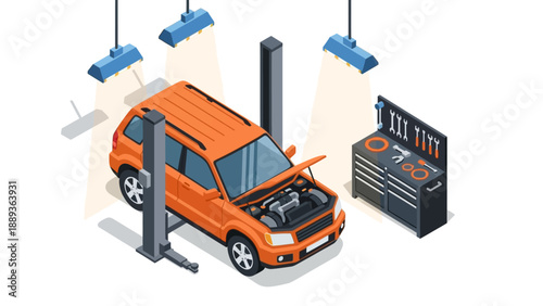 Isometric car repair scene with tools and equipment in auto garage workshop