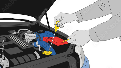 Checking car oil in a flat design style with open hood and detailed engine components