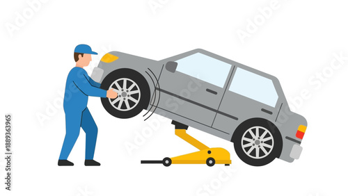 Mechanic lifting car with hydraulic jack in flat style illustration