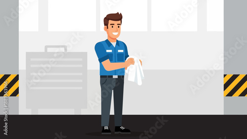 Friendly mechanic holding a cloth in modern automotive workshop setting
