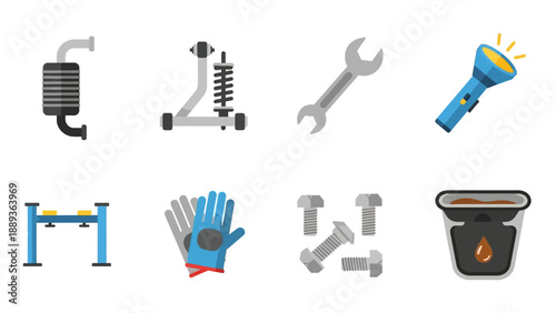 Automobile repair tools and parts icons set in flat design style