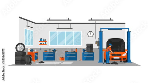 Automobile repair garage scene with mechanic and tools in modern workshop