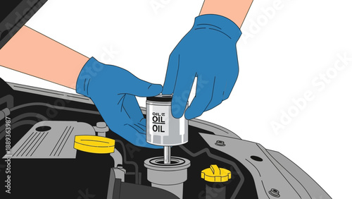 Person changing oil filter in car engine with blue gloves