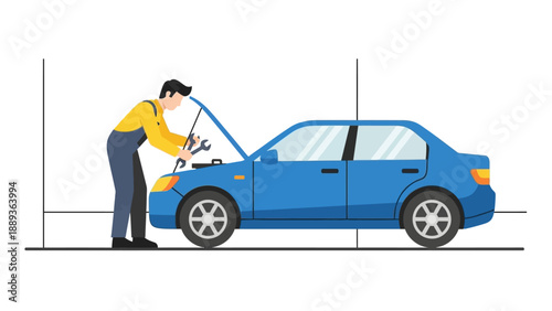 Mechanic repairing vehicle with tools in a minimalist flat design