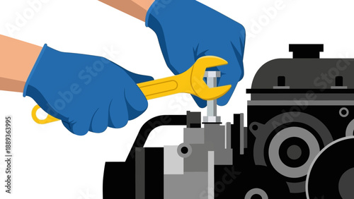 Mechanic with wrench fixing engine: hands-on maintenance concept in flat design