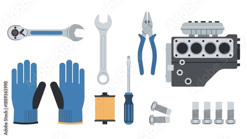 Automotive tools and engine components in modern flat design