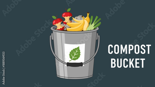 Colorful compost bucket with fruit and vegetable scraps on dark background