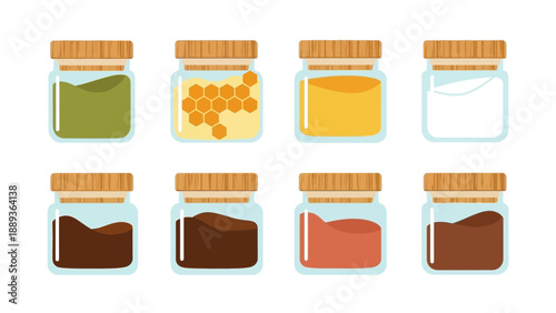 Colorful glass jars with bamboo lids filled with various ingredients