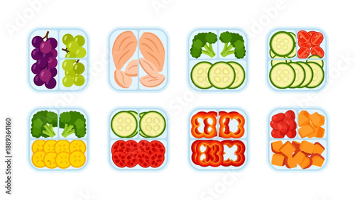 Colorful meal prep containers with fruits and vegetables