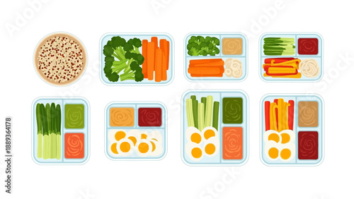 Healthy meal prep with fresh vegetables and snacks in separate containers