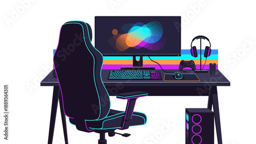Sleek gaming setup with neon accents and modern accessories