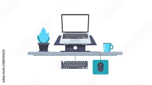 Minimalist office desk setup with laptop, plant, and mug