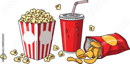 Delicious cinema snacks with popcorn, chips, and soda