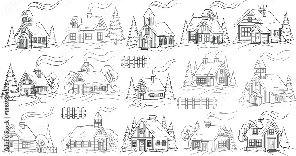 Obraz premium Snowy village houses and churches in winter landscape