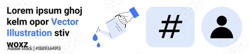 Hand pouring water, metadata tag symbol, and person icon emphasize social interaction, creativity, growth, and identity. Ideal for education, team building, sustainability branding social media