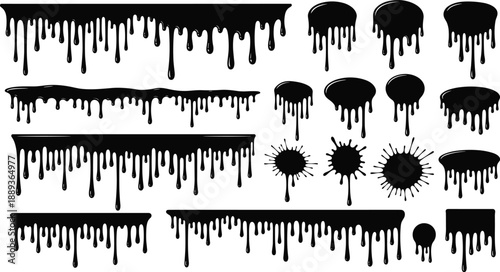 Black paint drips and splatters on white background