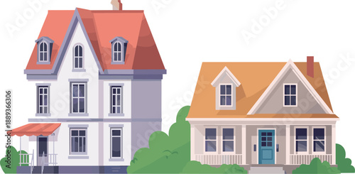 Modern residential house illustration vector set with two suburban homes, pitched roofs, windows, and greenery for real estate and architectural design use