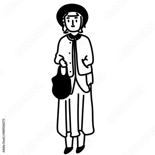 Woman with Short Curly Hair Wearing Round Hat, Cardigan, and Long Skirt Carrying Tote Bag Line Art Illustration, Minimalist Female Fashion Character Vector Icon, Casual Lifestyle Outfit Outline Art