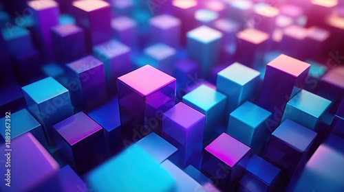 Glowing 3D cubes arranged in varied heights with vibrant blue, purple, and pink lighting creating a futuristic and abstract atmosphere