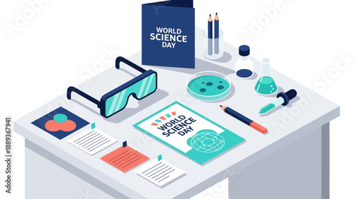 World science day celebration: laboratory desk with experiments and equipment in isometric style