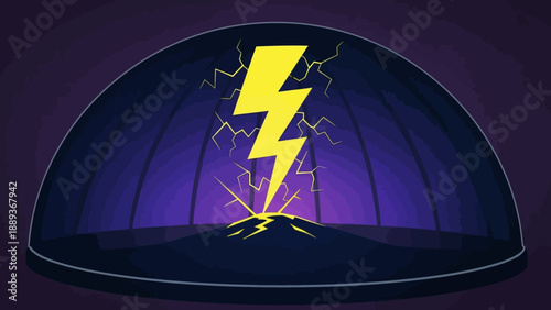 Striking lightning bolt inside dark dome illustration with purple highlights