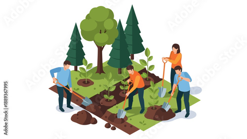 Community gardening: diverse group planting trees and vegetables in isometric green space