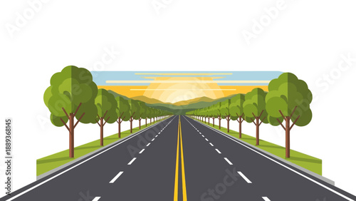Scenic sunrise drive through tree-lined roadway with mountains and clear sky in flat design