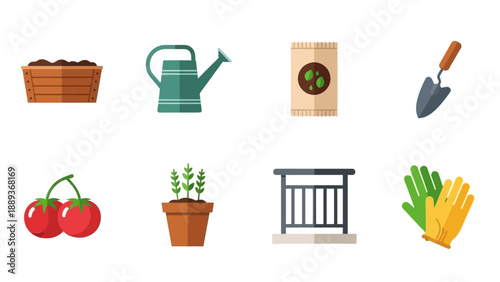 Colorful garden tools and plants collection for modern gardening