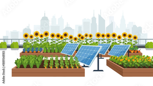 Urban rooftop garden with solar panels and sunflowers against city skyline