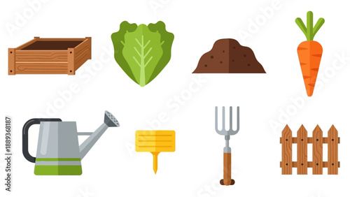Flat garden icons set with vegetables and tools for farming and gardening projects