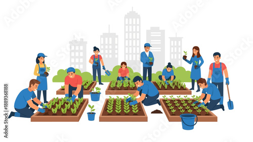 Community gardening: diverse group of people planting in urban garden setting