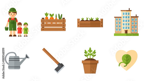 Family gardening: flat style icons of plants, tools, and urban agriculture