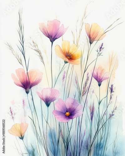 delicate pastel wildflowers with tall slender grasses in a soft watercolor wash, airy and dreamy spring serenity